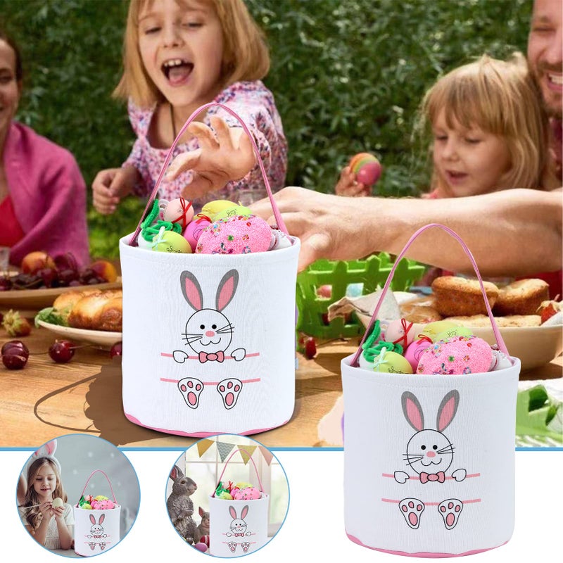 XinblueCo Easter Bunny Basket Egg Bags for Kids,Canvas Cotton Personalized Candy Egg Basket Rabbit Print Buckets with Fluffy Tail Gifts Bags for Easterâ€¦â€¦ - Image 3